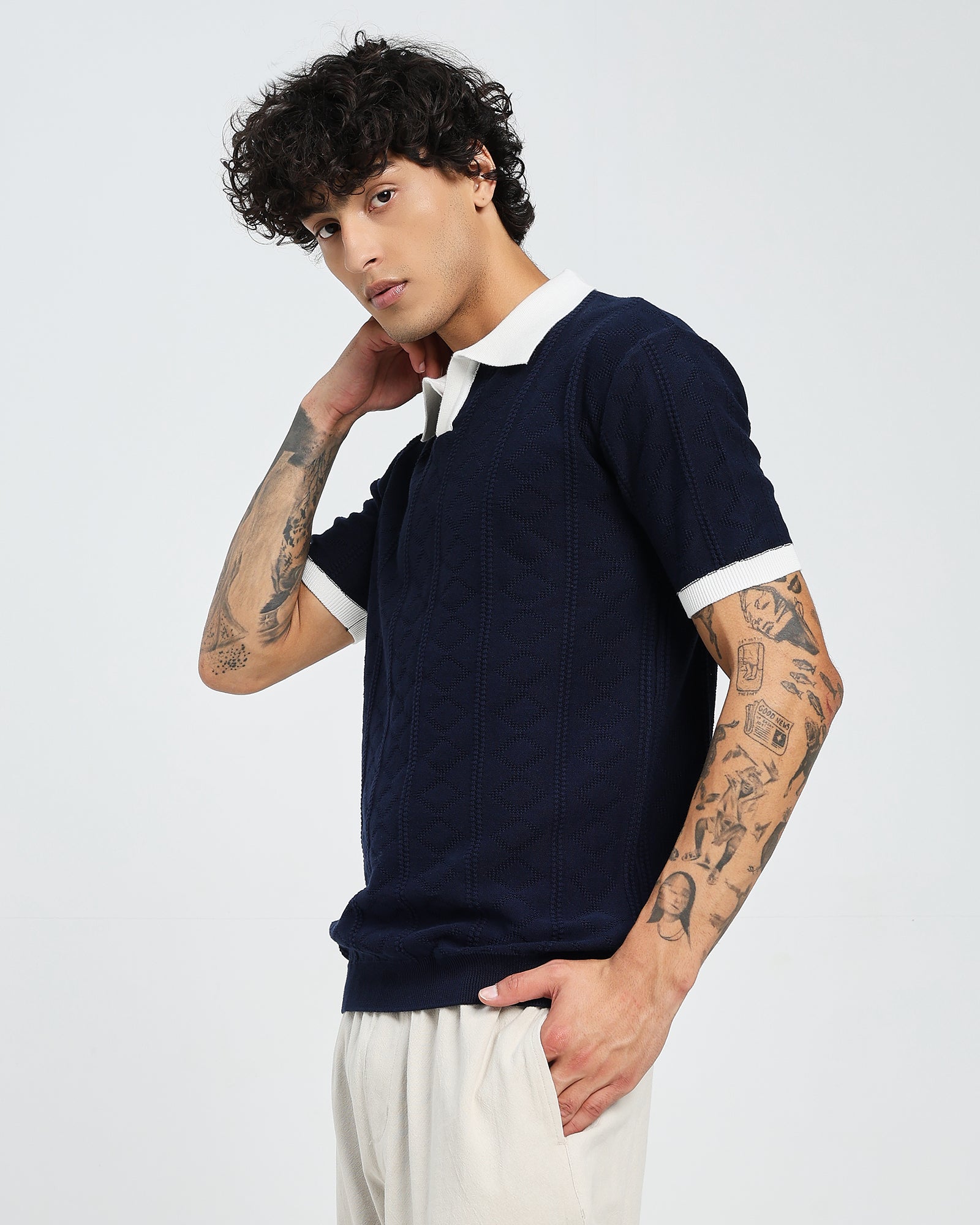 Navy Knitted Polo – White Collar Design