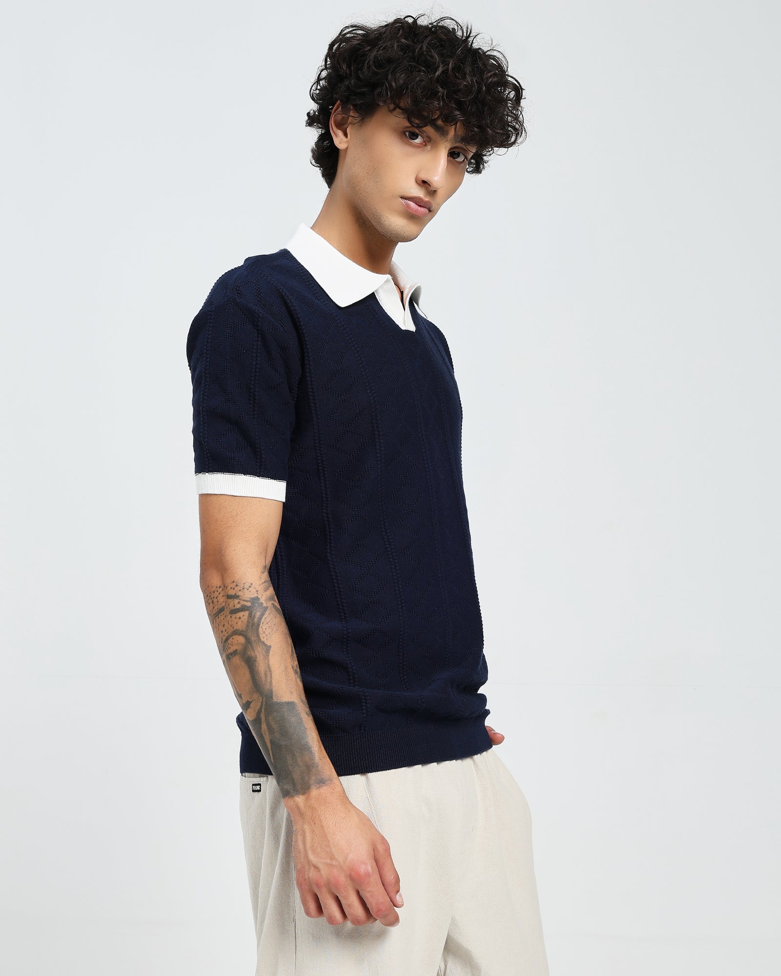 Navy Knitted Polo – White Collar Design