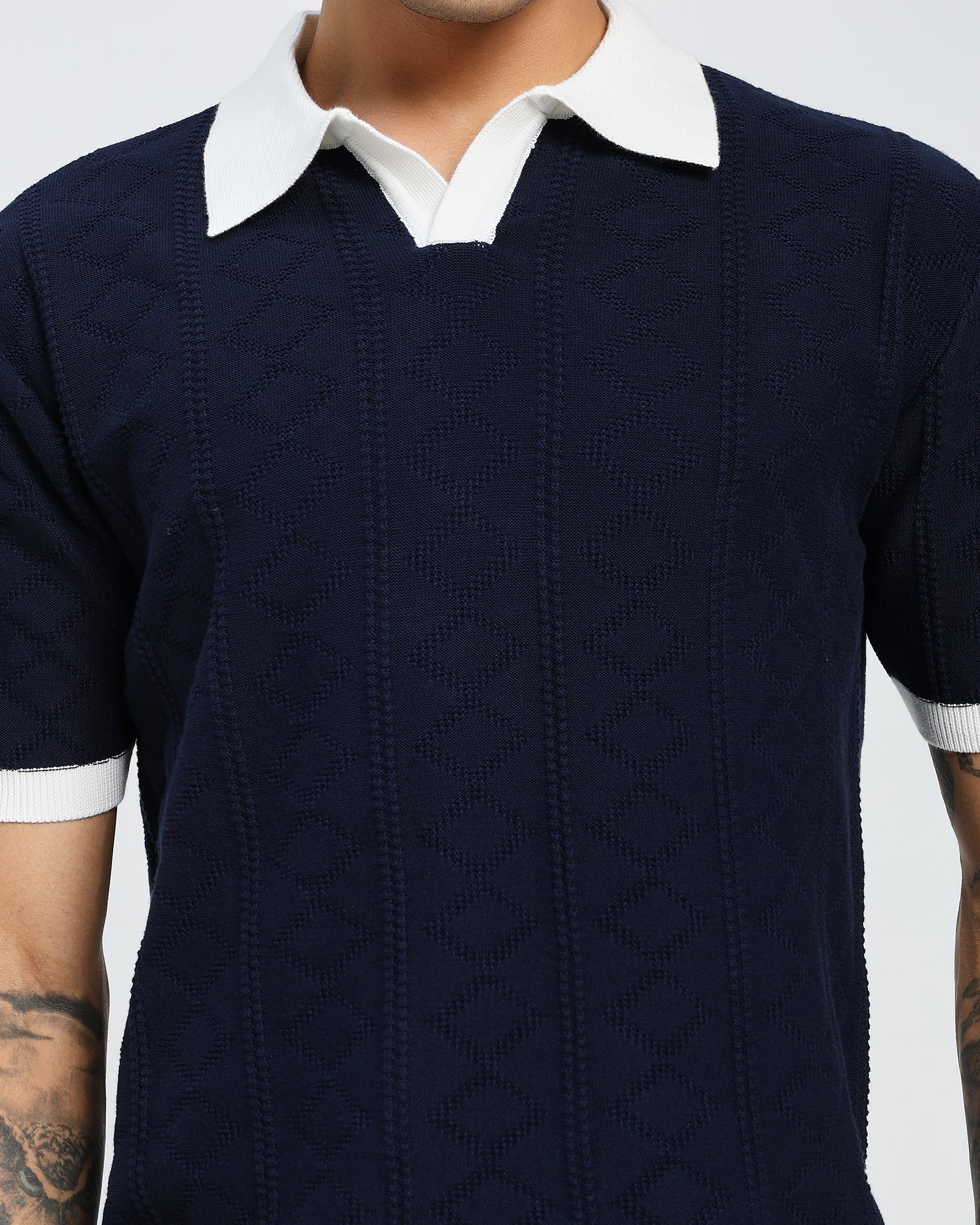 Navy Knitted Polo – White Collar Design