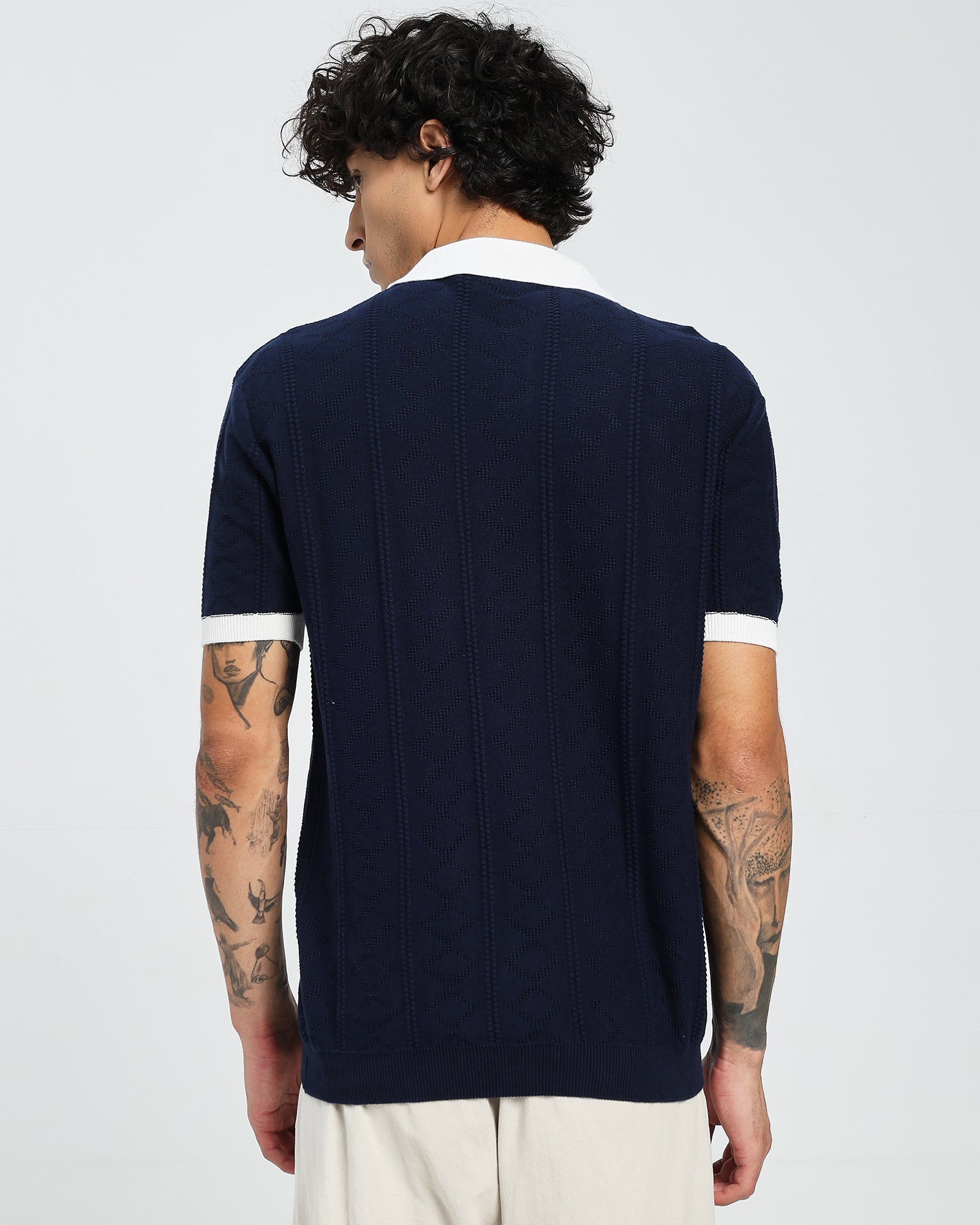 Navy Knitted Polo – White Collar Design