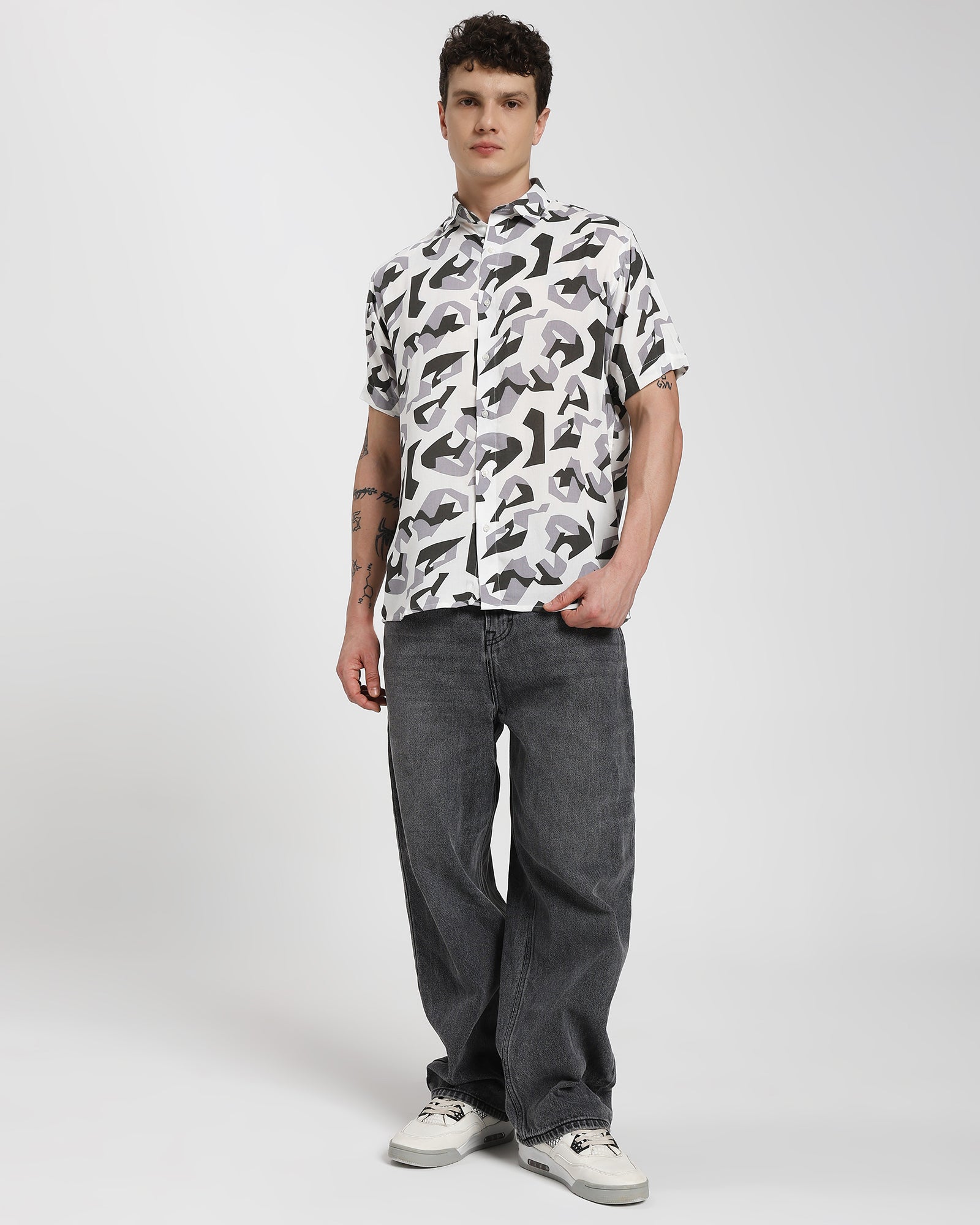 Rayon shirt-Geometric abstract (Grey and black)