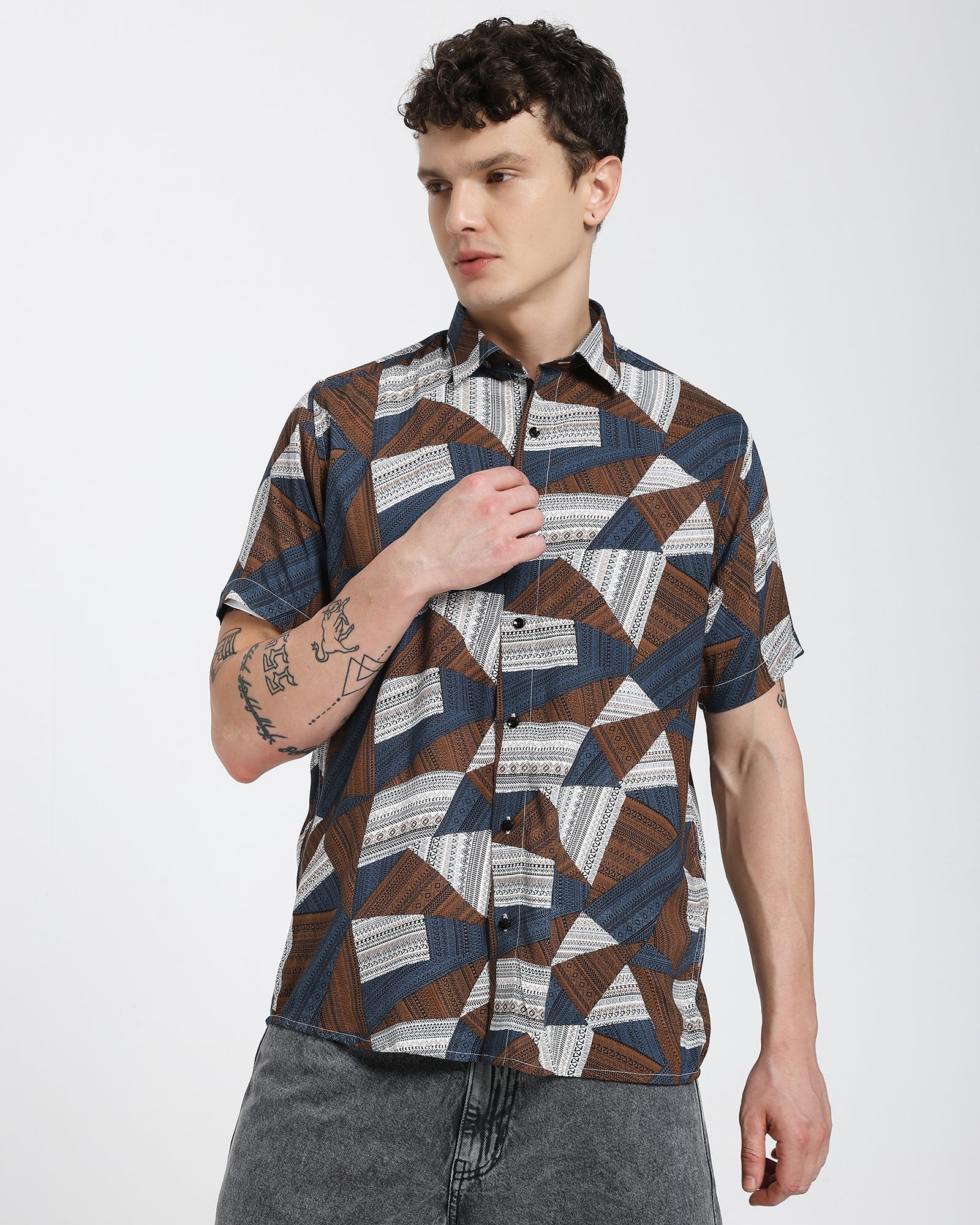 Rayon shirt-Brown With Blue