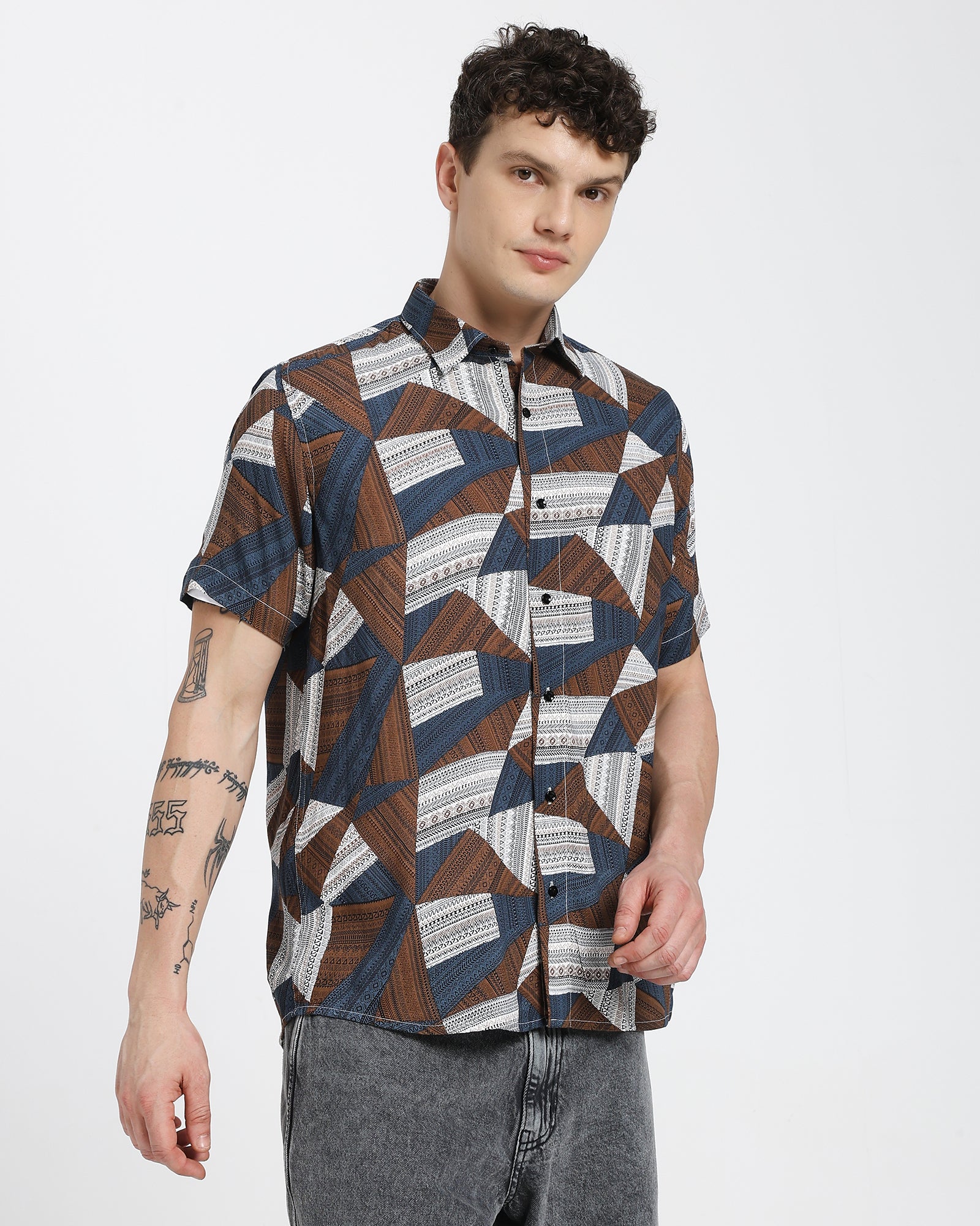 Rayon shirt-Brown With Blue