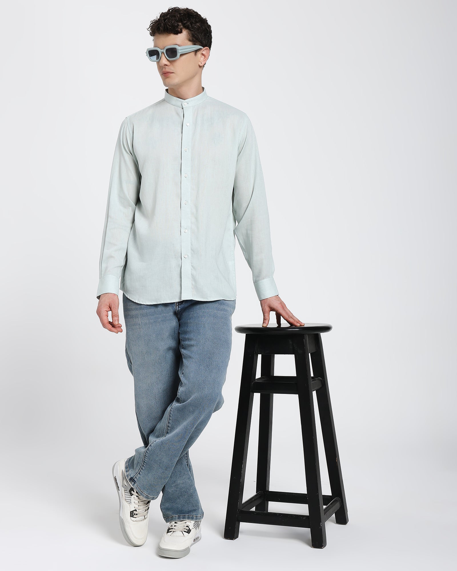 Mandarin collar shirt-Sea Green