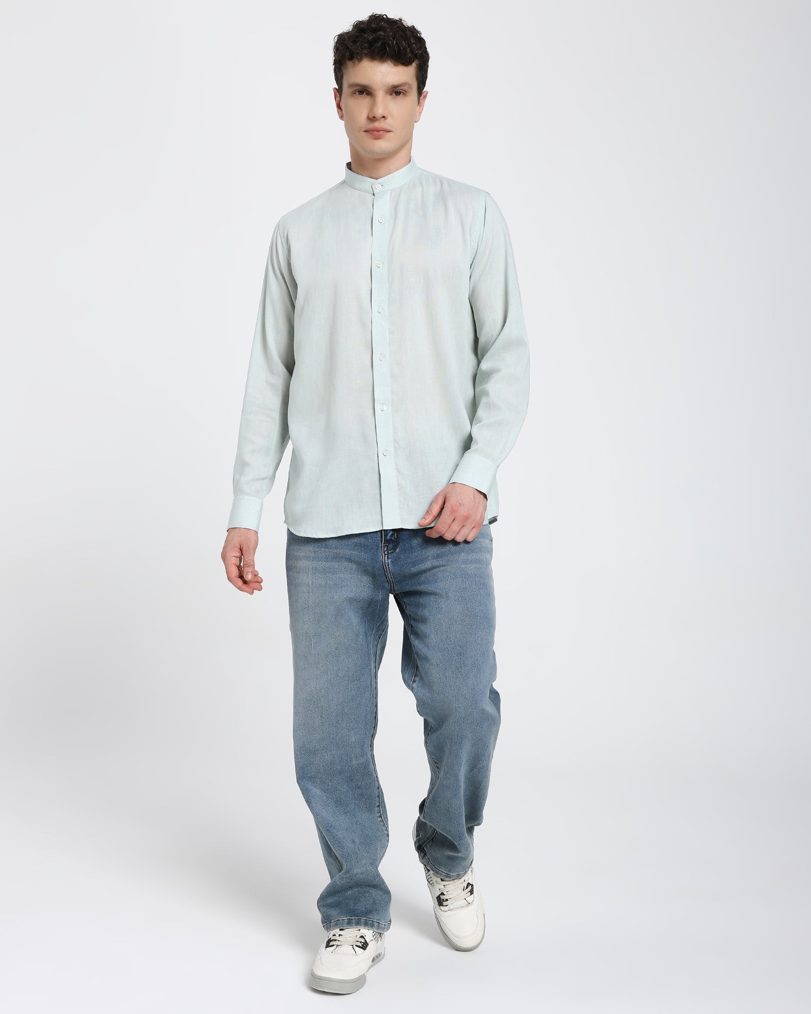 Mandarin collar shirt-Sea Green