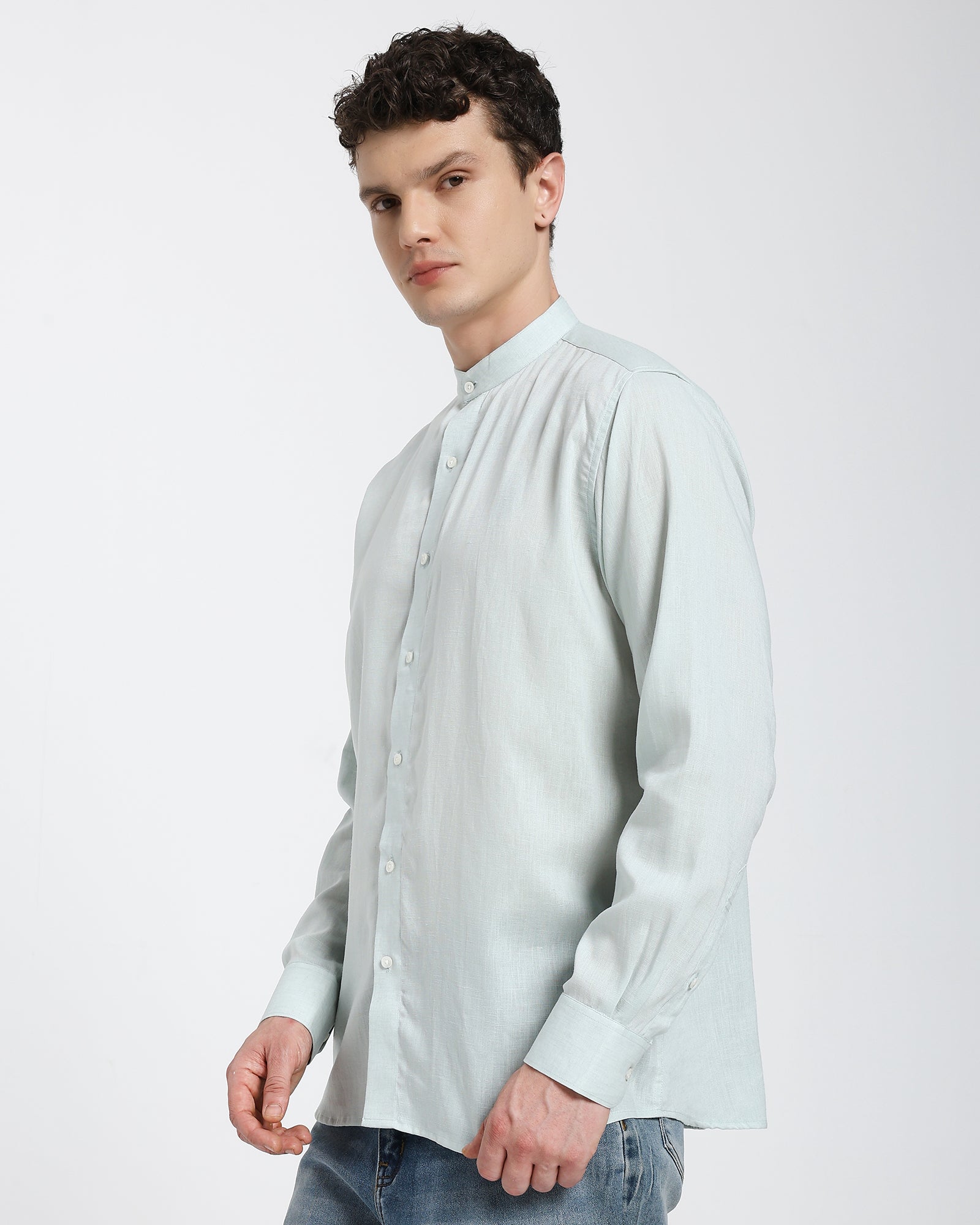 Mandarin collar shirt-Sea Green