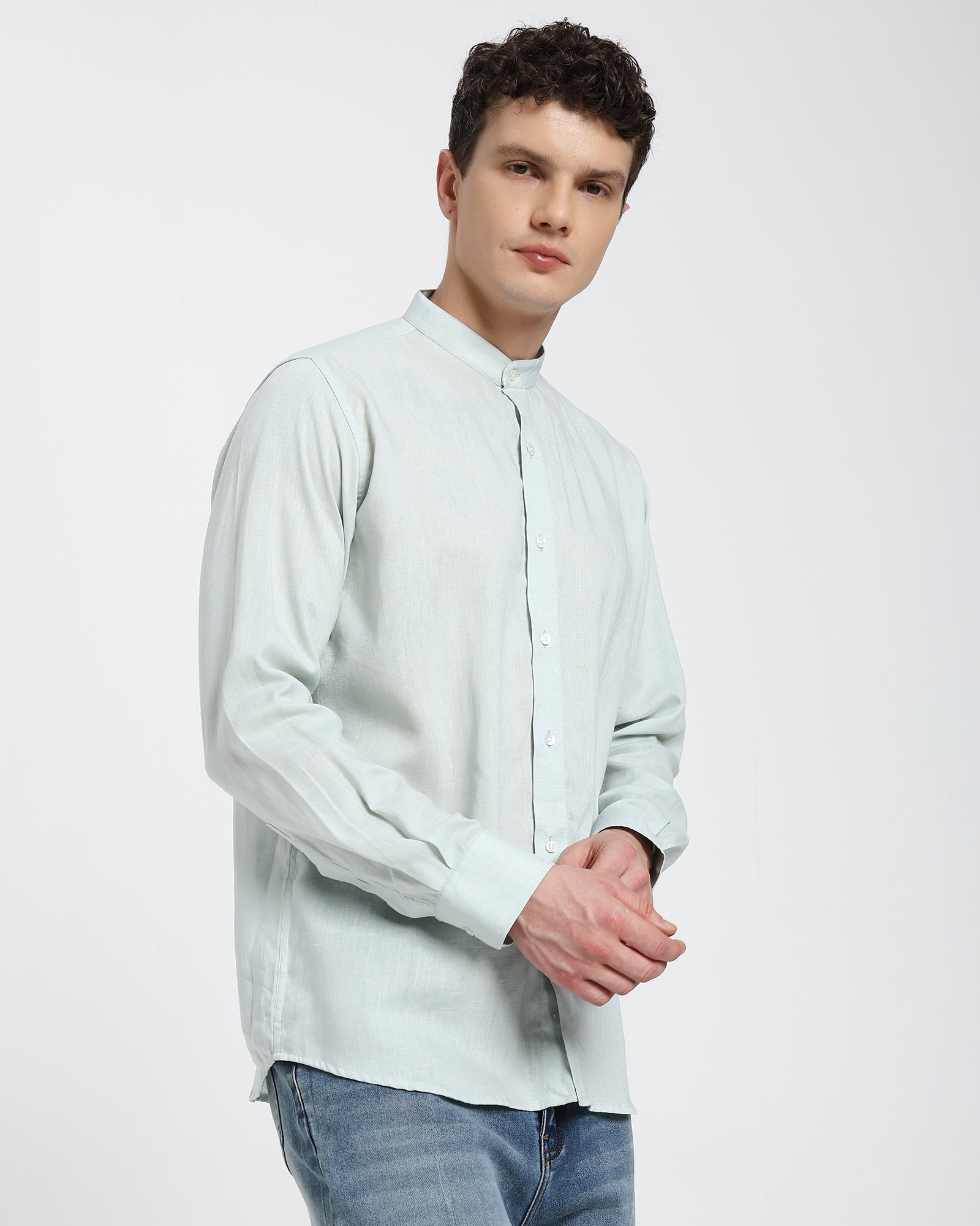 Mandarin collar shirt-Sea Green