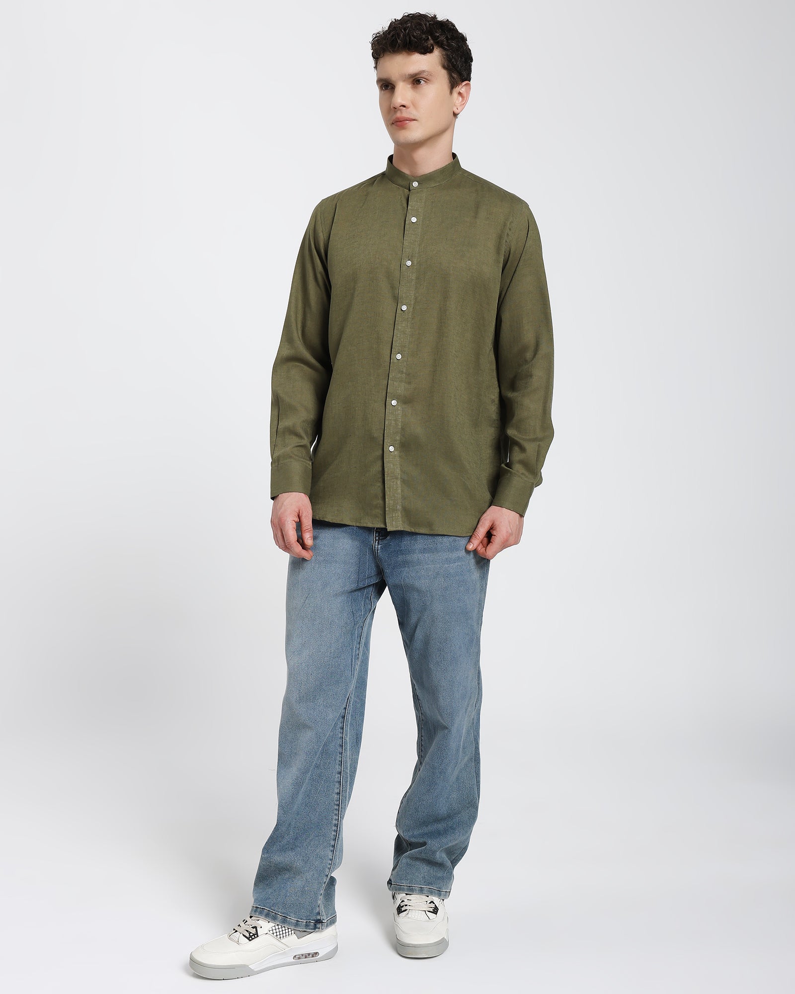 Mandarin collar shirt-Olive Green