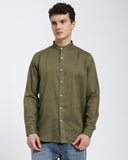 Mandarin collar shirt-Olive Green