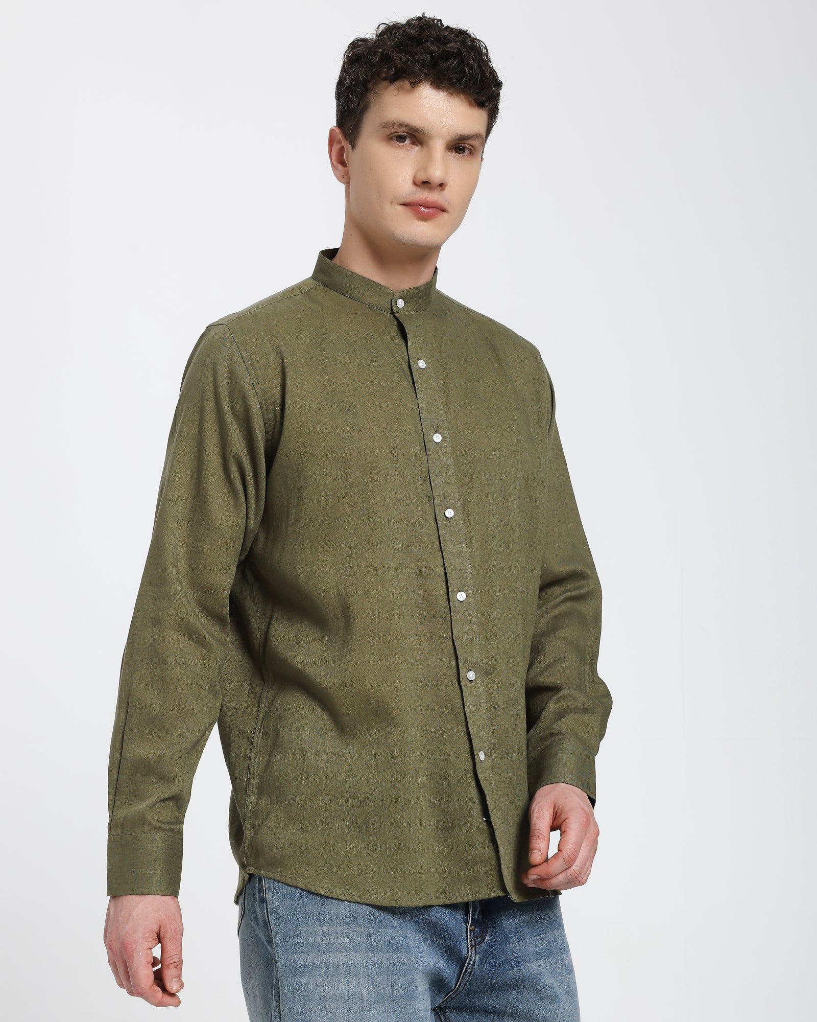 Mandarin collar shirt-Olive Green