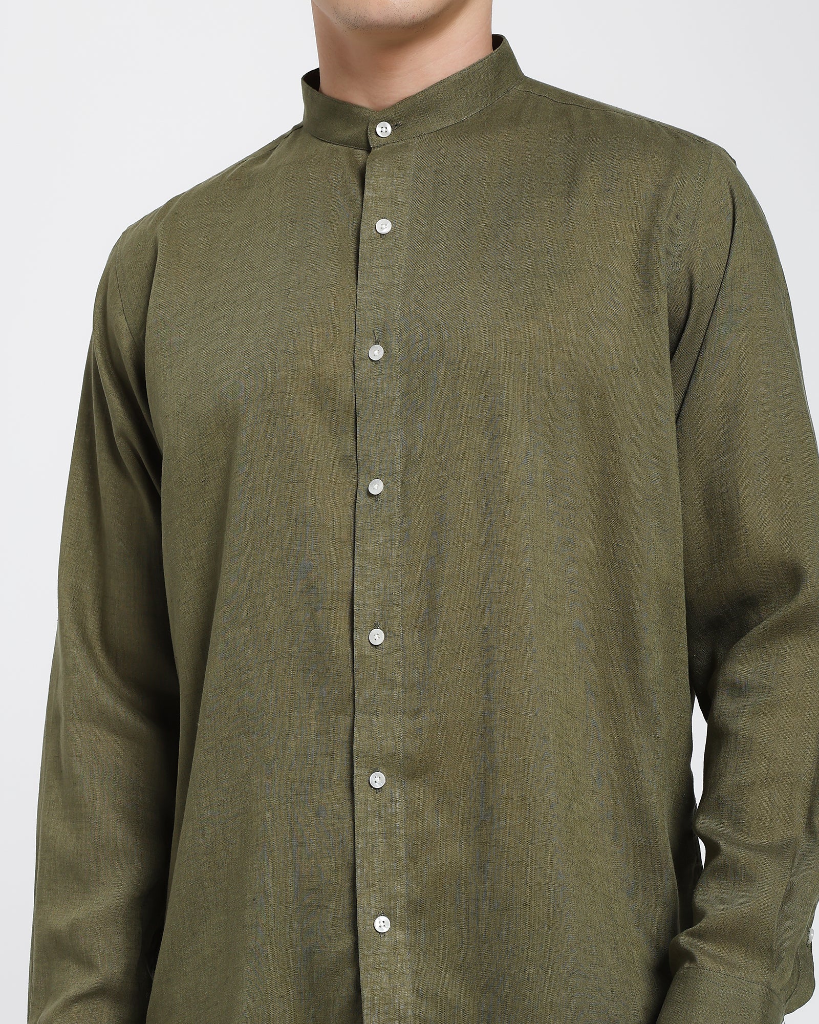 Mandarin collar shirt-Olive Green