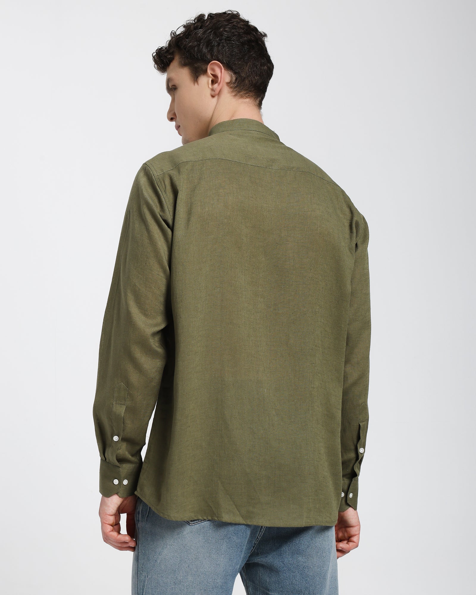 Mandarin collar shirt-Olive Green