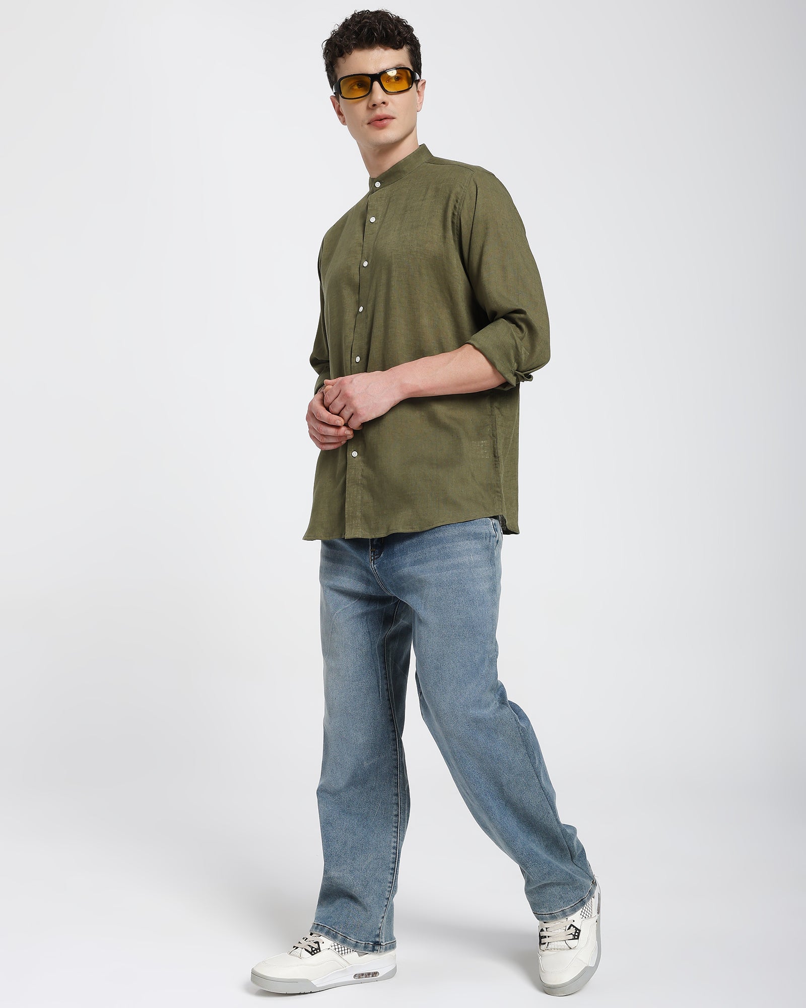 Mandarin collar shirt-Olive Green