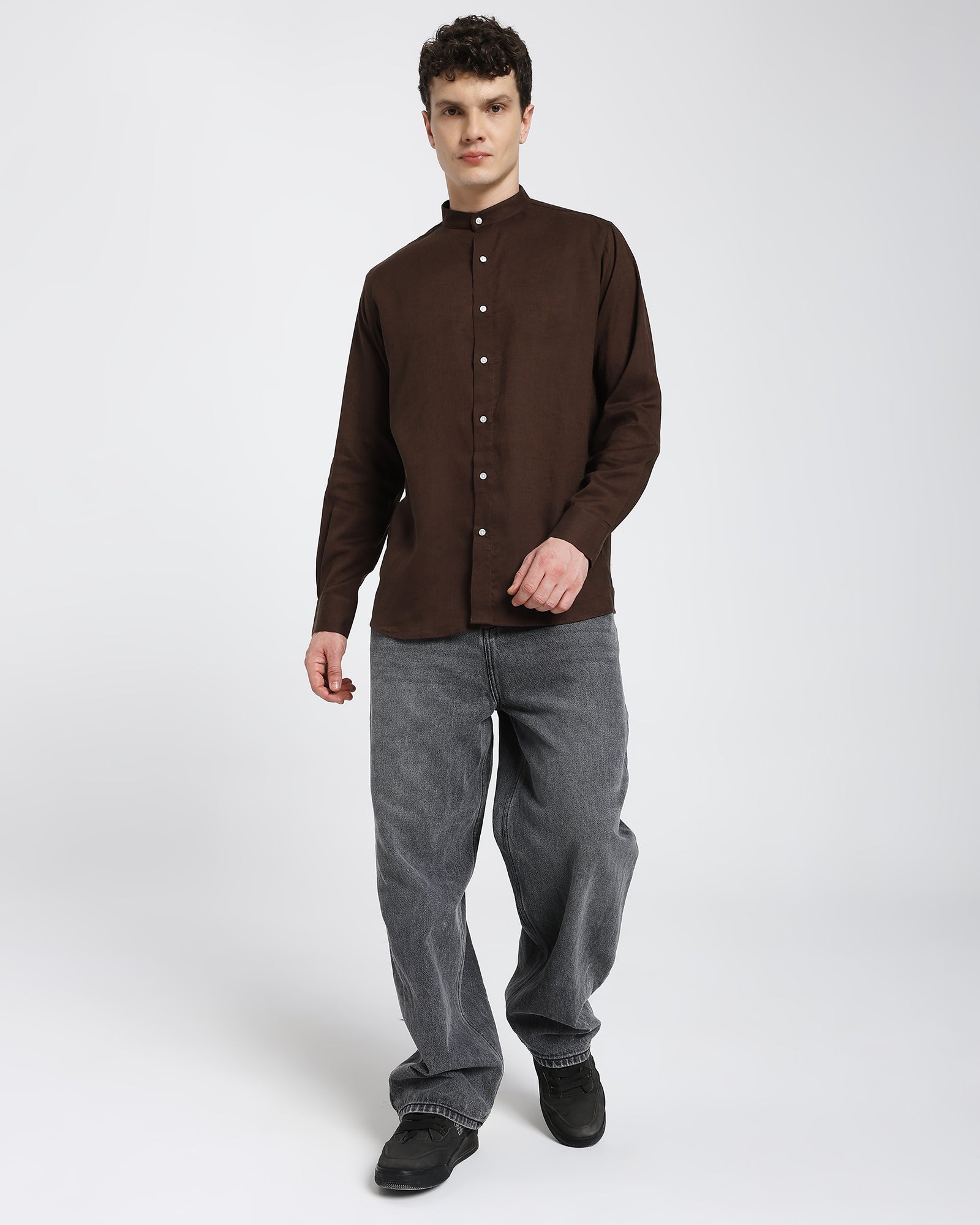 Mandarin collar shirt-Brown