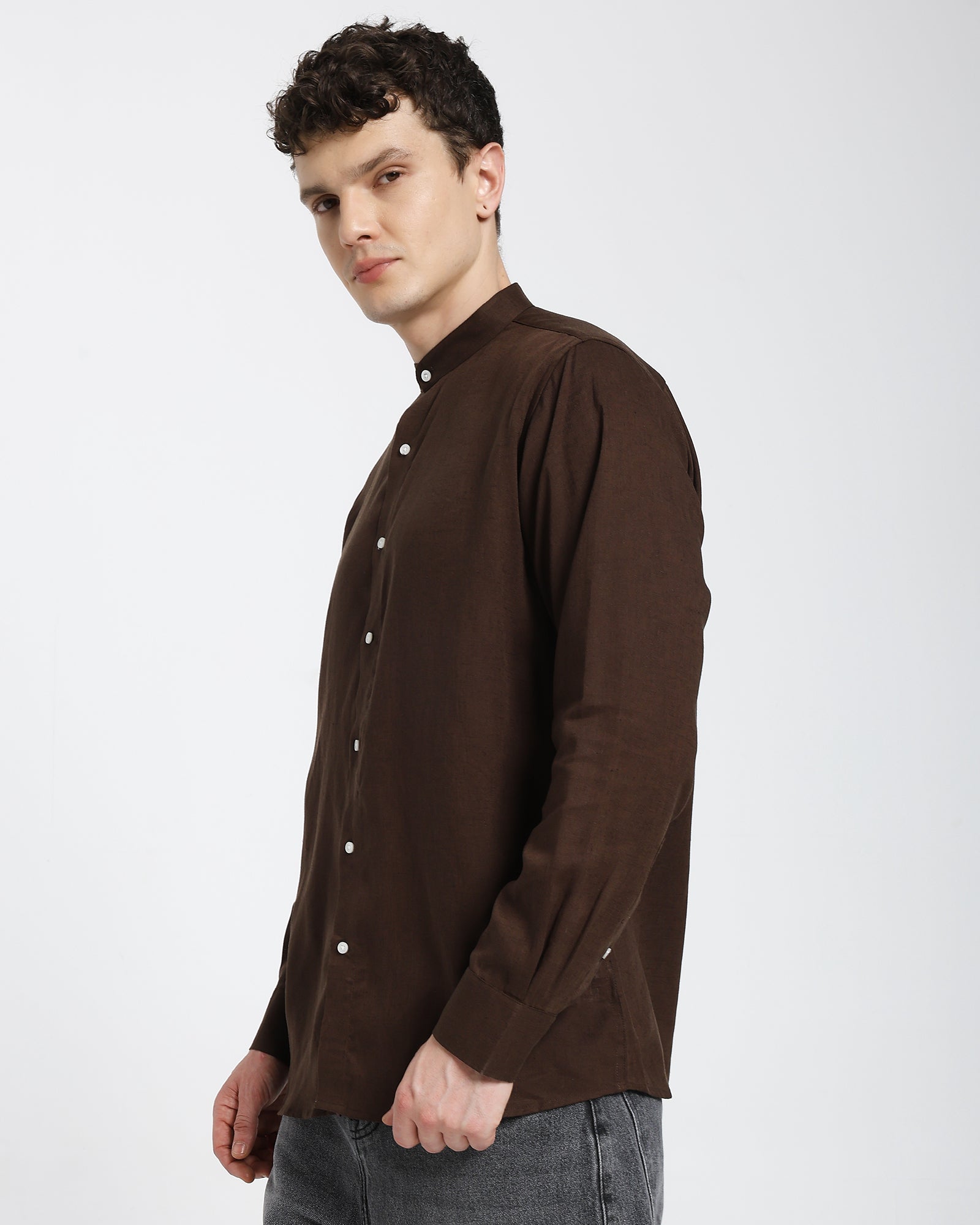Mandarin collar shirt-Brown