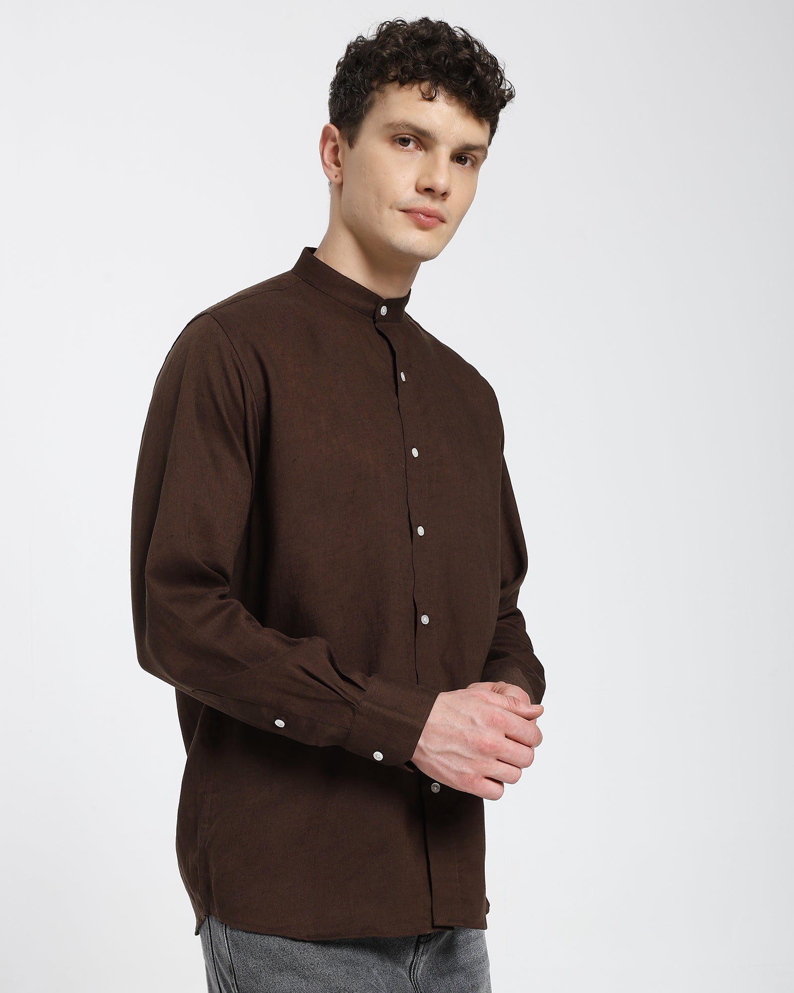 Mandarin collar shirt-Brown