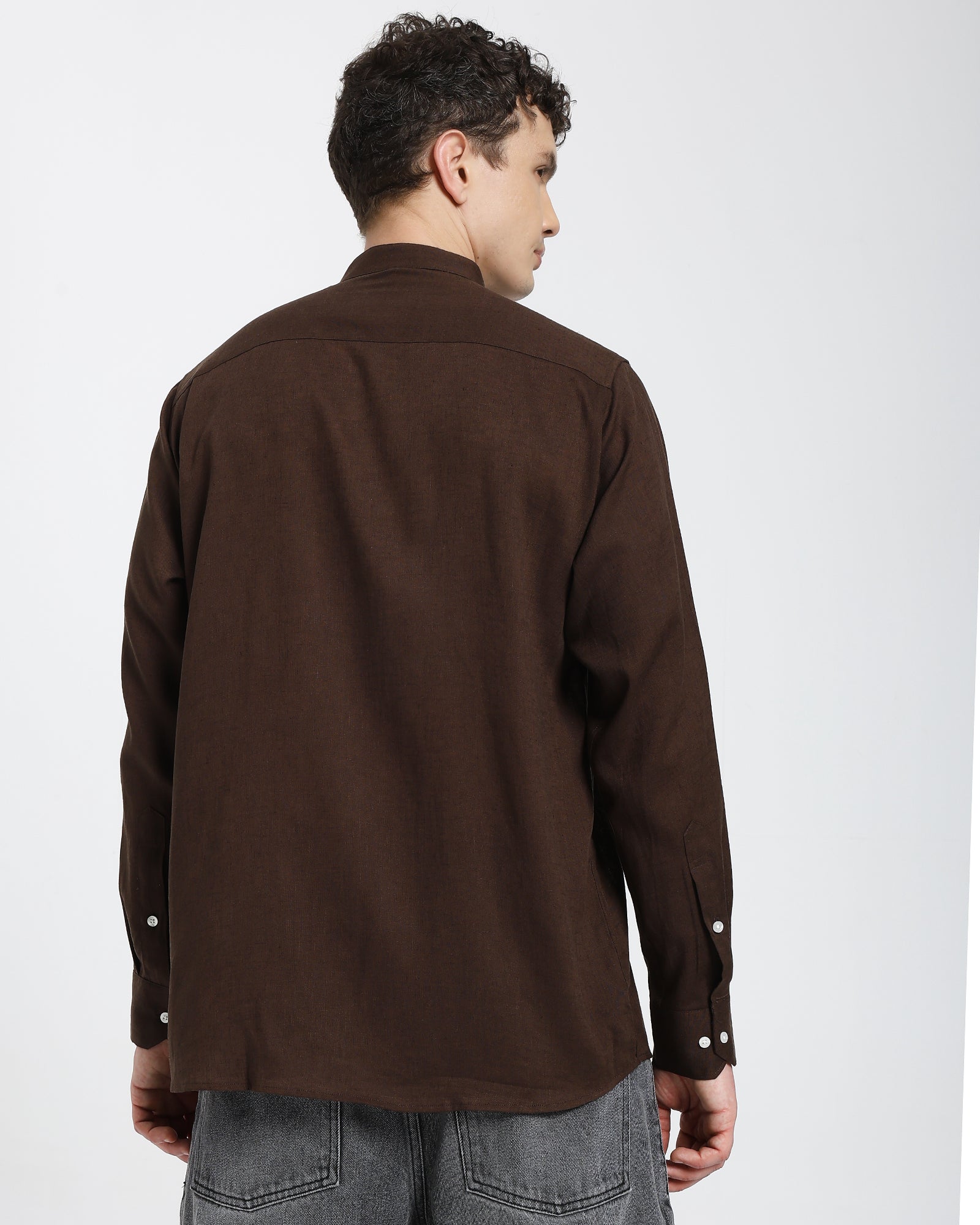 Mandarin collar shirt-Brown
