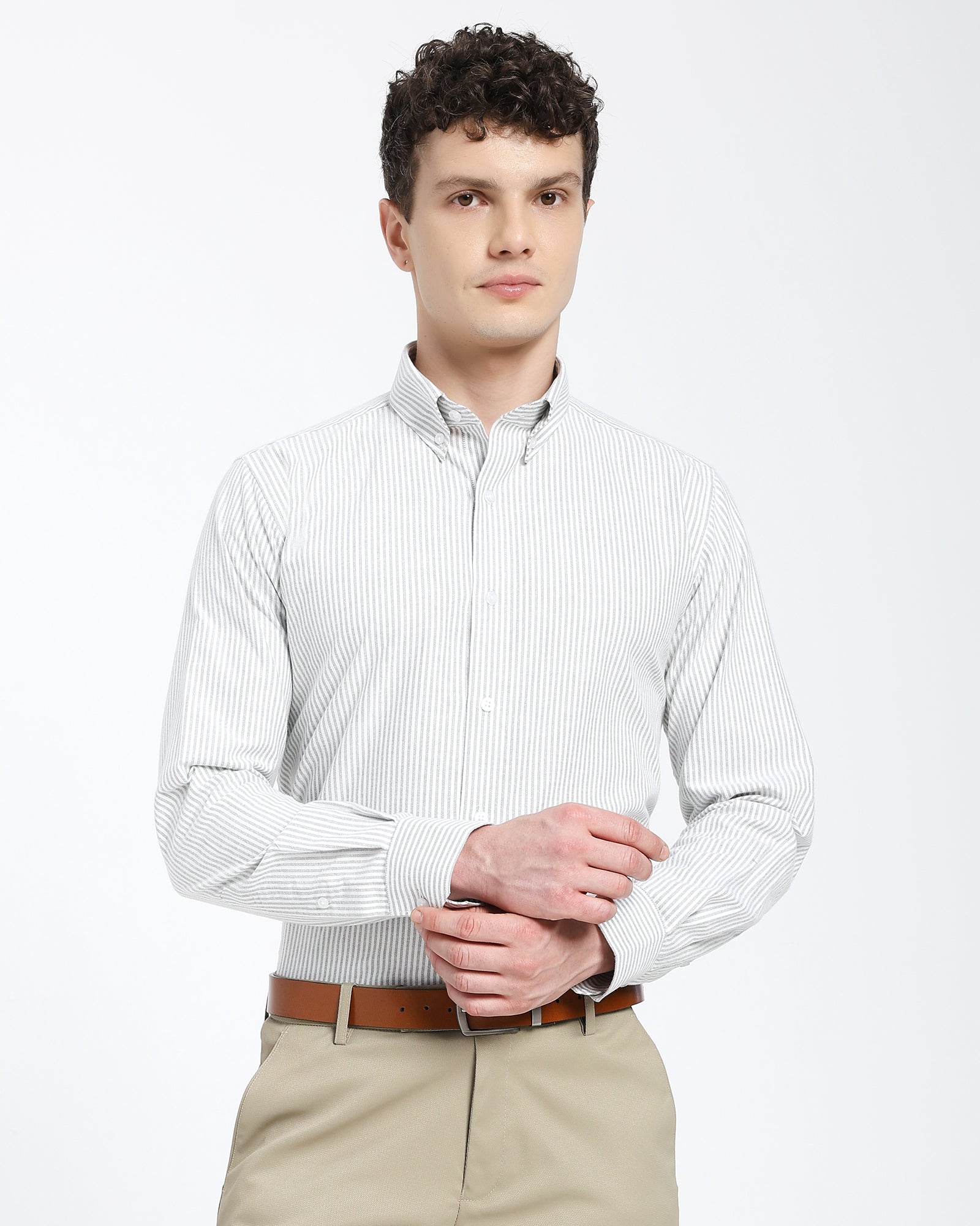Striped Oxford Shirt-Olive Green
