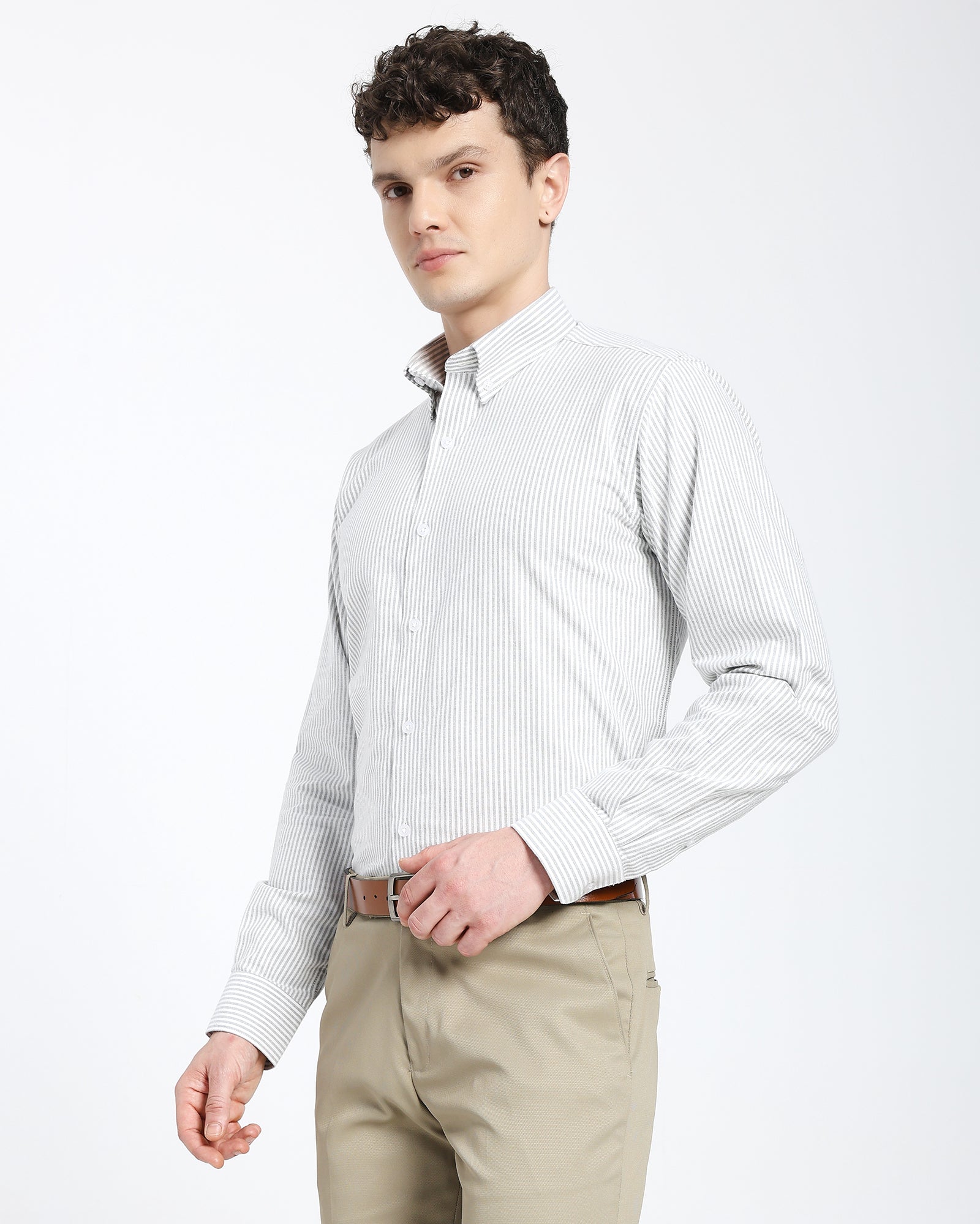Striped Oxford Shirt-Olive Green