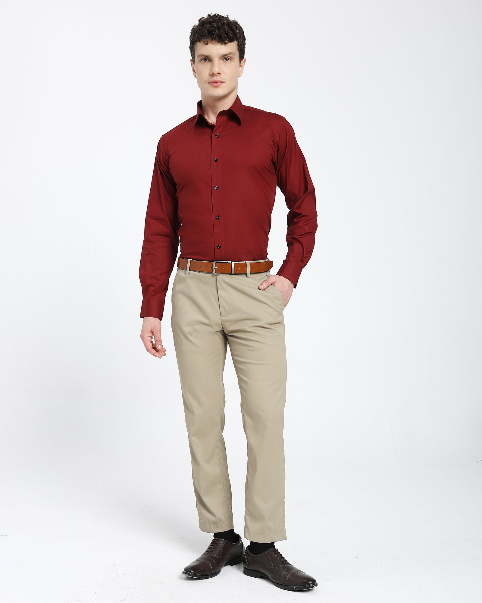 straight collar shirt-Maroon