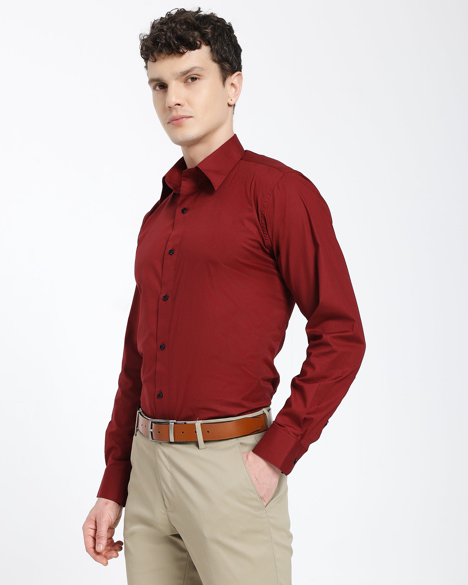 straight collar shirt-Maroon