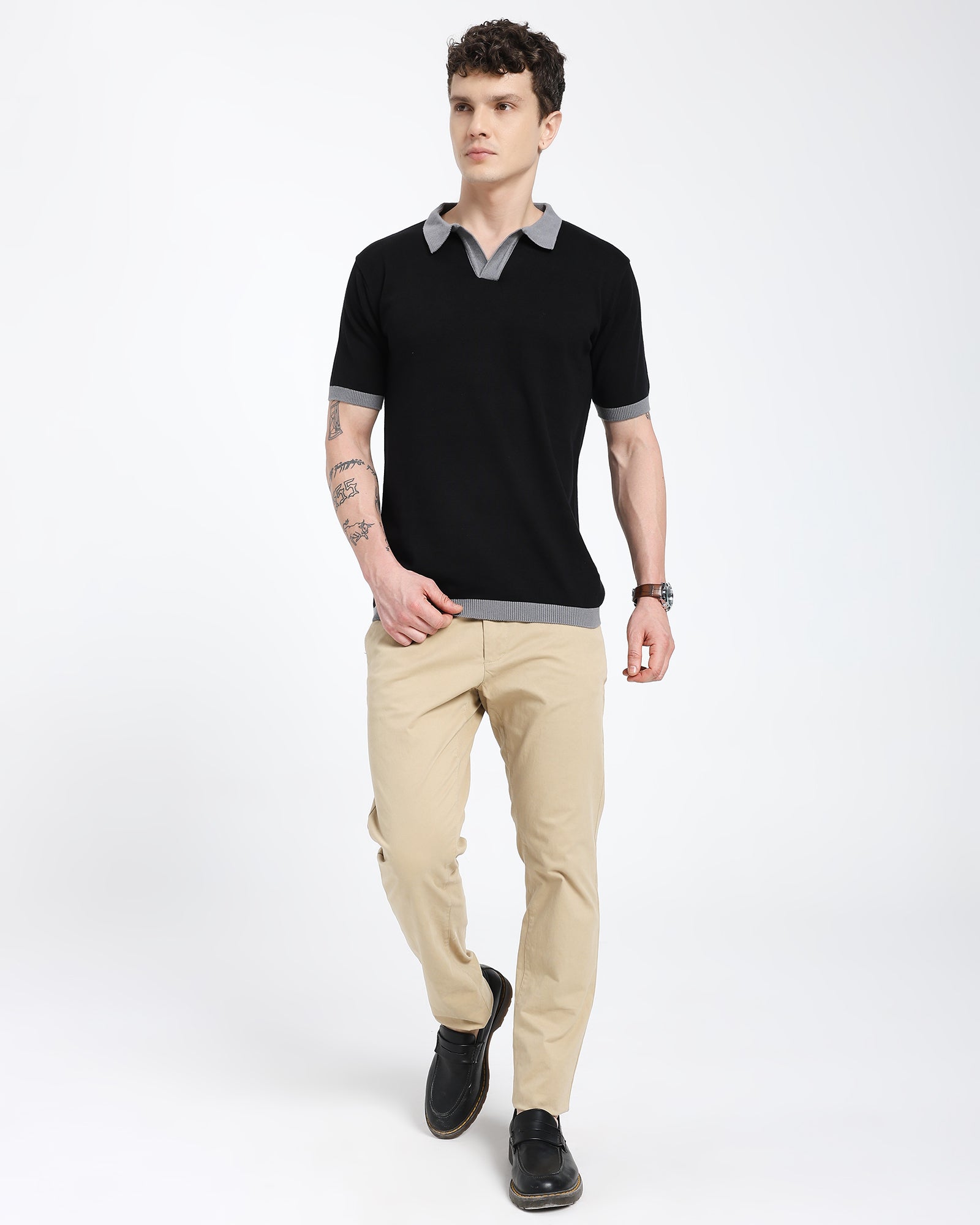 Regular Polo T-Shirt-Black T-Shirt With Gray Collar