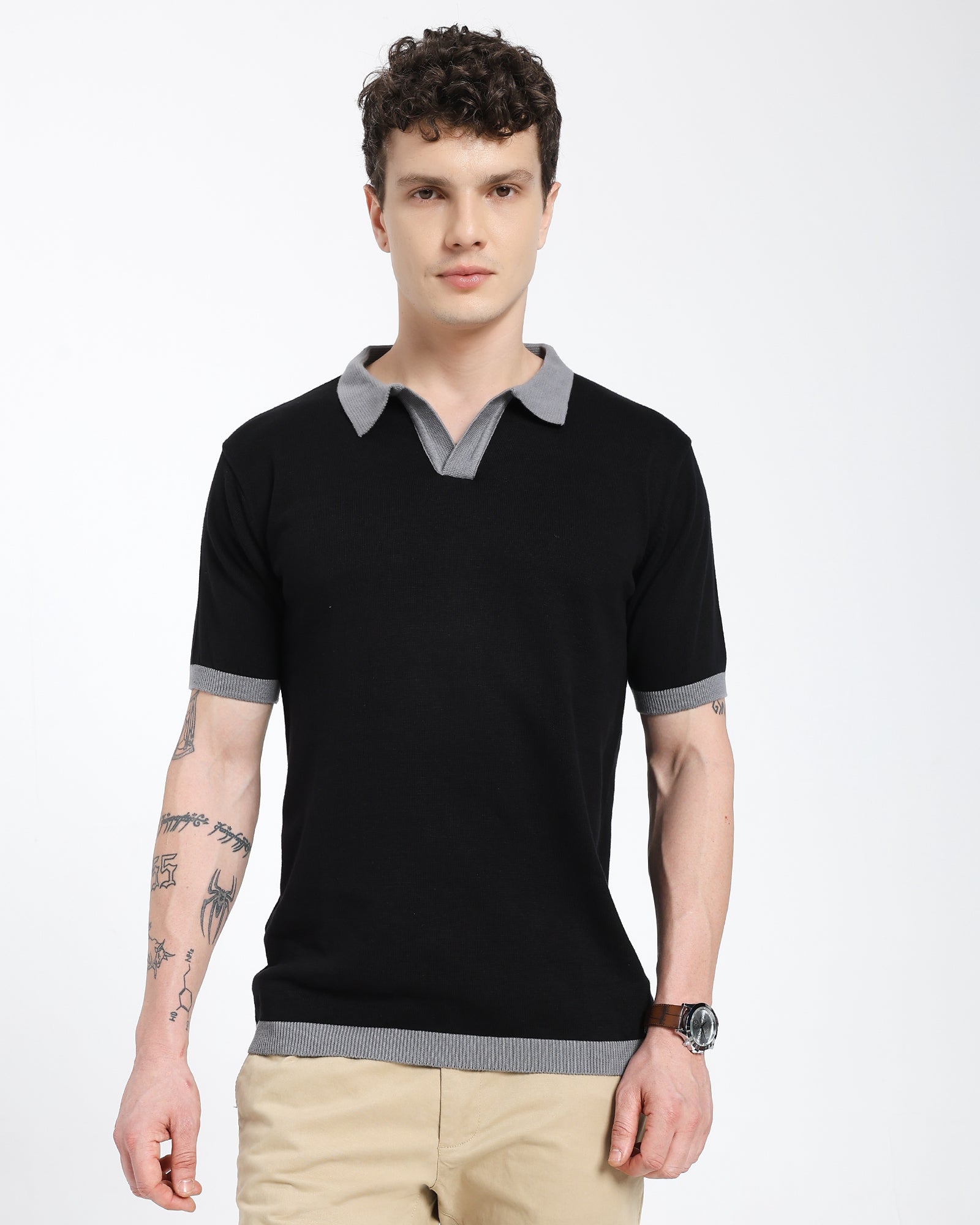 Regular Polo T-Shirt-Black T-Shirt With Gray Collar
