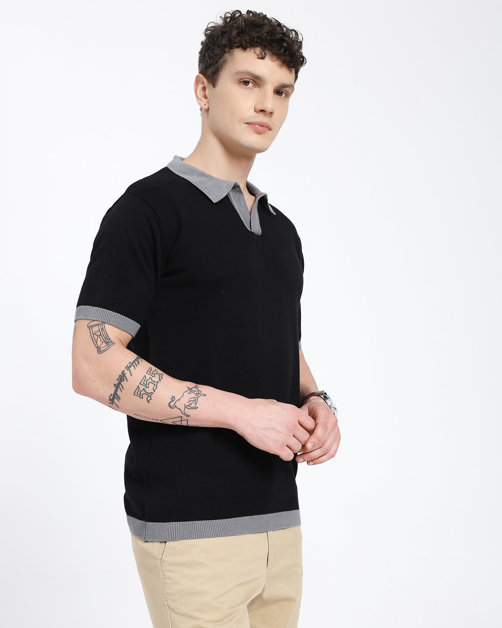 Regular Polo T-Shirt-Black T-Shirt With Gray Collar