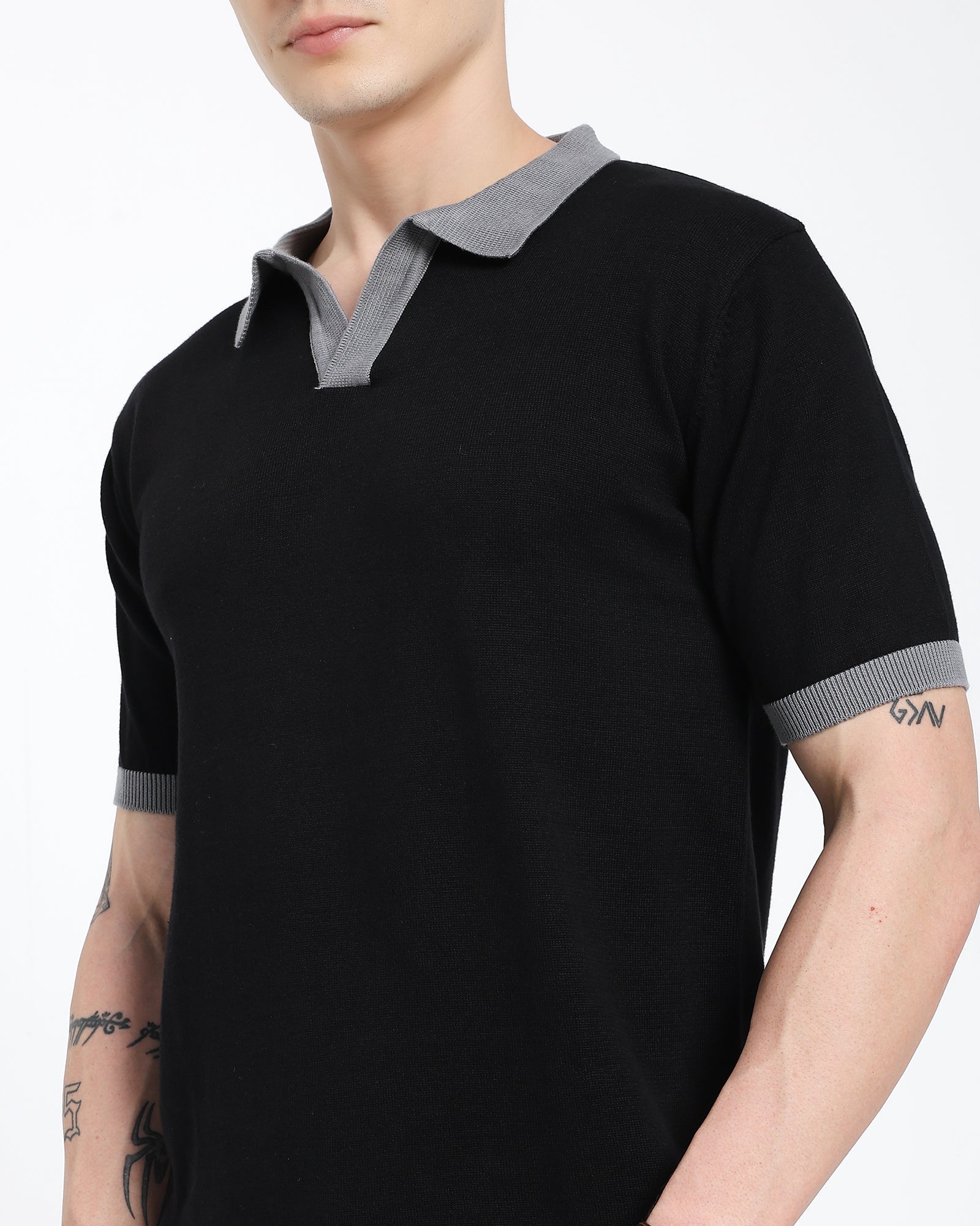 Regular Polo T-Shirt-Black T-Shirt With Gray Collar