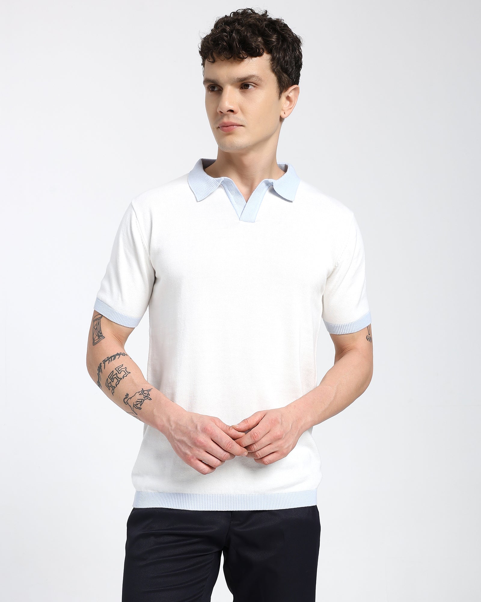 Regular Polo T-Shirt-Black T-Shirt With Light Blue Collar